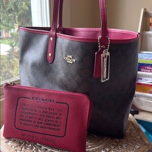 Coach Red and Brown Tote Bag with Signature Design - like new
